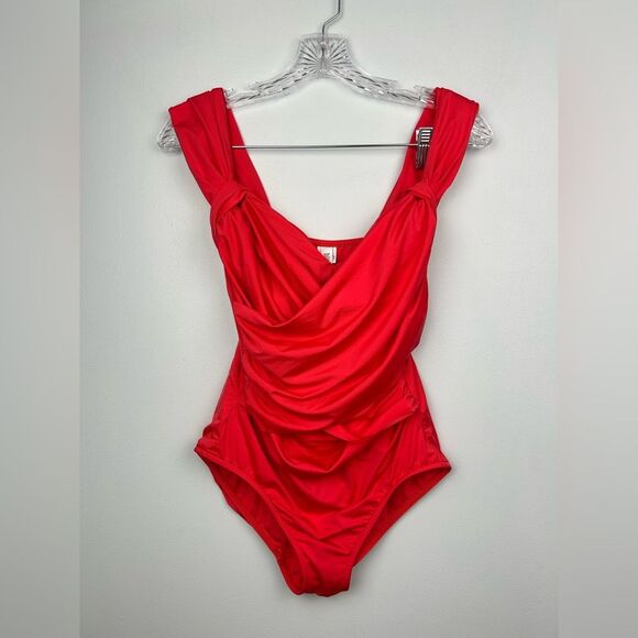 Badgley Mischka One Piece Wide Strap Swimsuit Red Ruched Sweetheart Crossover 8 - Picture 2 of 14